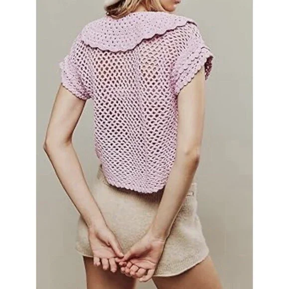 Free People Crochet Top Women Lily Lilac Collared Preppy Boho Retro Small NWT - Picture 5 of 11